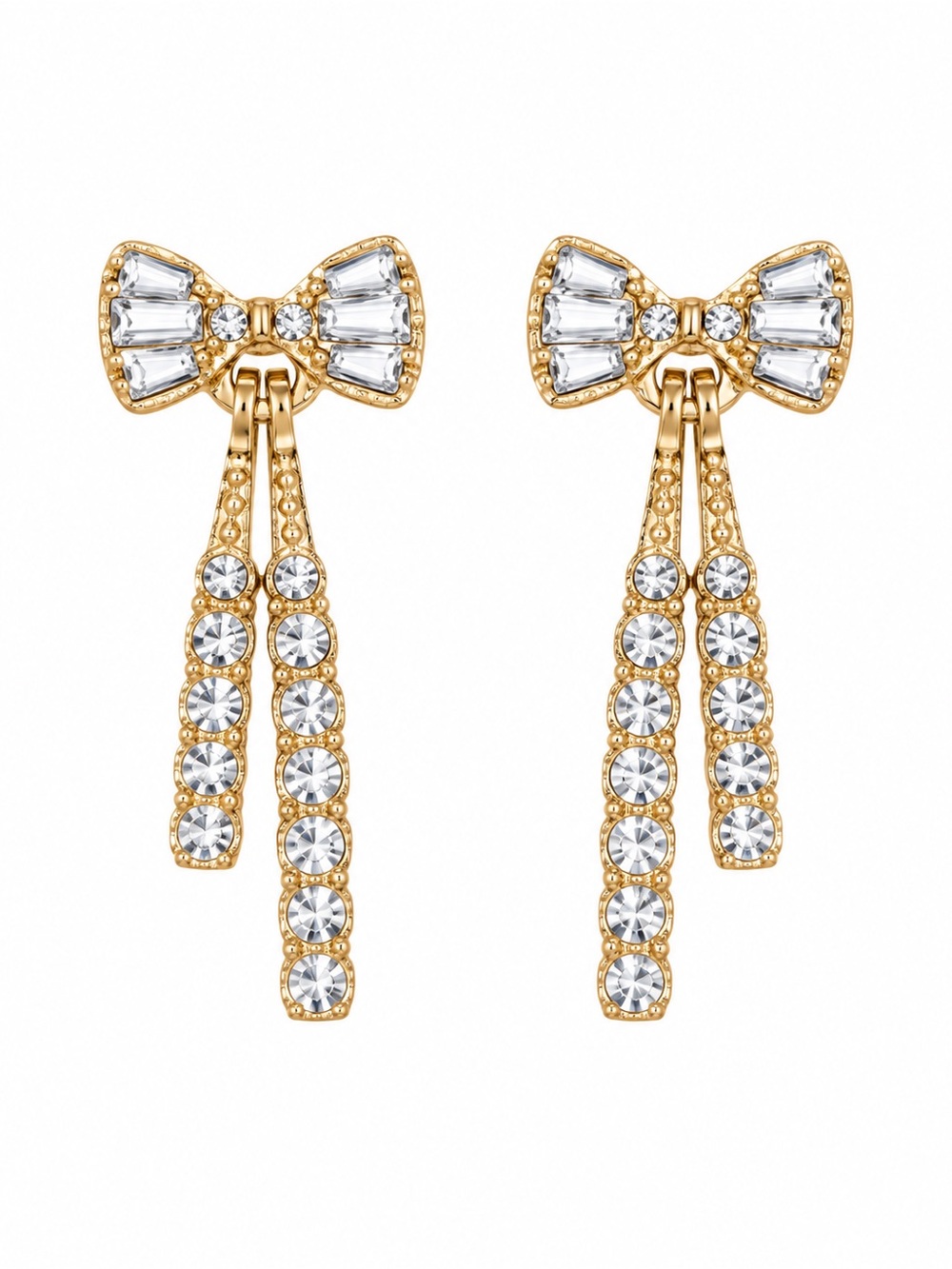 Gold Bow Drop Earrings with Clear Crystals